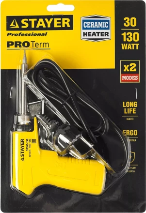 Паяльник с пистолетной пластмассовой рукояткой, STAYER &quot;PROFI&quot; PROTerm, 55308-130, 30 - 130 Вт, с керамическим нагревательным элементом 55308-130 купить в Тюмени