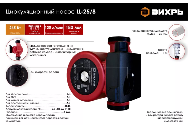 Циркуляционный насос Вихрь Ц-25/8 СТАНДАРТ 68/7/11 купить в Тюмени