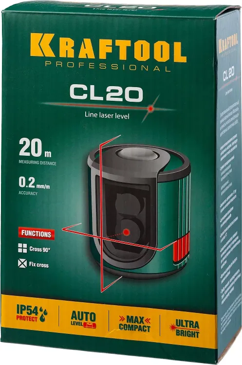 Нивелир лазерный линейный CL 20, сверхъяркий, KRAFTOOL 34700, двухлучевой, 20м, IP54, точн. 0,2 мм/м 34700 купить в Тюмени