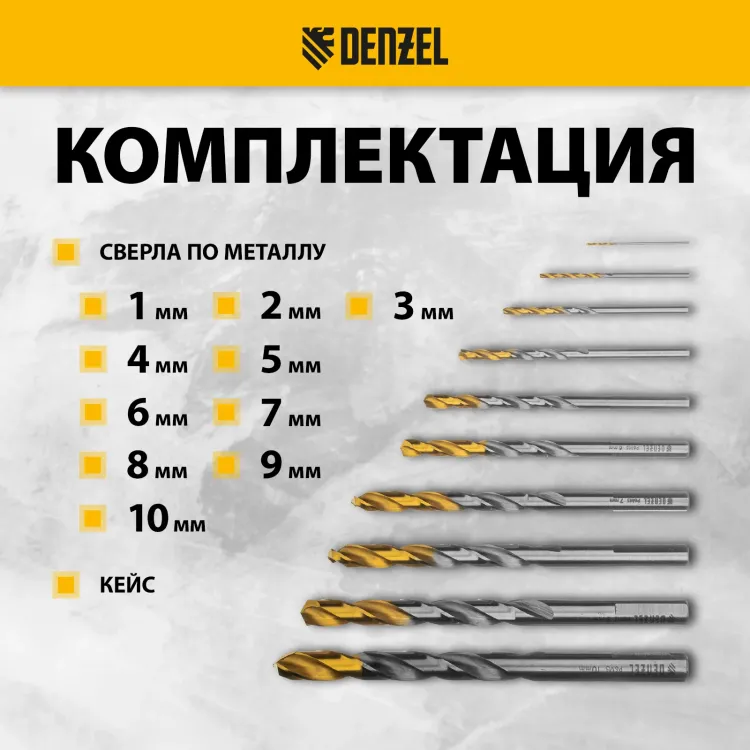 Набор сверл по металлу Denzel 723001, 1-10 мм, Р6М5-TiN, Golden Tip, 10 шт купить в Тюмени