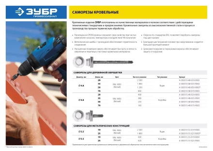 Саморезы СКД кровельные, RAL 9003 белый, 50 x 4.8 мм, 250 шт, для деревянной обрешетки, ЗУБР 4-300315-48-050-9003 купить в Тюмени