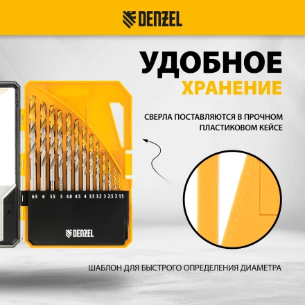 Набор сверл по металлу Denzel 723002, 1,5-6,5мм, Р6М5-TiN, Golden Tip, 13 шт купить в Тюмени
