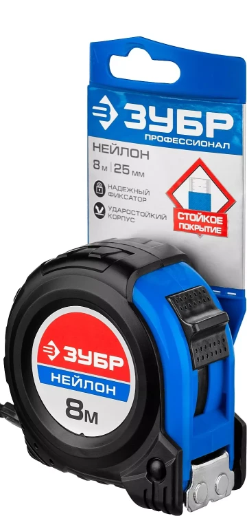 Рулетка ЗУБР "НЕЙЛОН", нейлоновое покрытие, упрочненное полотно, ударопрочный обрезиненный корпус, 8м/25мм 34056-08-25_z01 купить в Тюмени