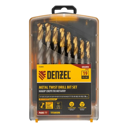 Набор сверл по металлу Denzel 723003, 1-10 мм, Р6М5-TiN, Golden Tip, 19 шт купить в Тюмени