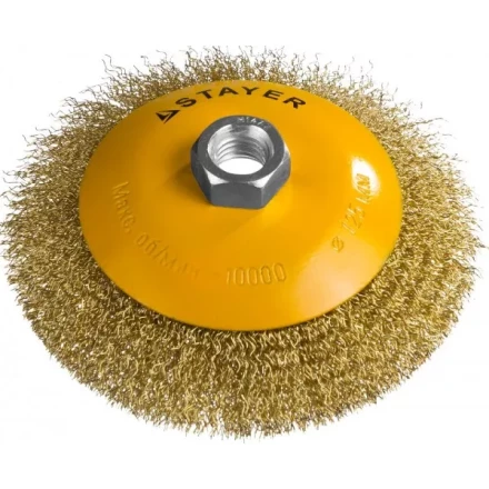 STAYER &quot;PROFESSIONAL&quot;. Щетка коническая для УШМ, витая стальная латунированная проволока 0,3мм, 125ммхМ14 35133-125 купить в Тюмени