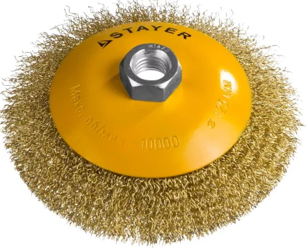 STAYER &quot;PROFESSIONAL&quot;. Щетка коническая для УШМ, витая стальная латунированная проволока 0,3мм, 125ммхМ14 35133-125 купить в Тюмени