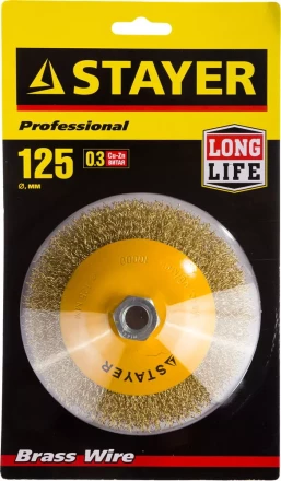 STAYER &quot;PROFESSIONAL&quot;. Щетка коническая для УШМ, витая стальная латунированная проволока 0,3мм, 125ммхМ14 35133-125 купить в Тюмени