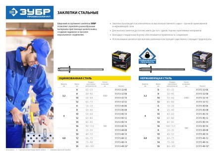 Заклепки ЗУБР из нержавеющей стали, 3,2x10мм, 1000шт 31315-32-10 купить в Тюмени