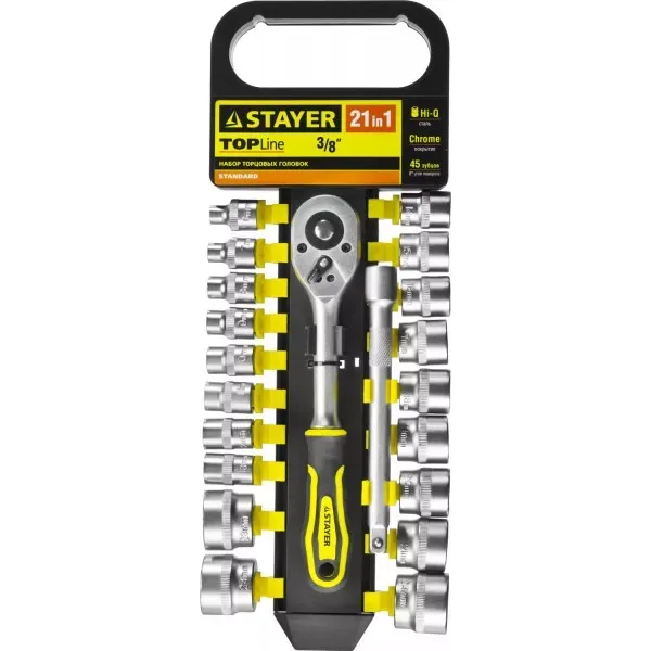 Набор STAYER "STANDARD": Торцовые головки (3/8") на пластиковом рельсе, трещотка, удлинитель, 6-24мм, 21 предмет 27752-H21 купить в Тюмени