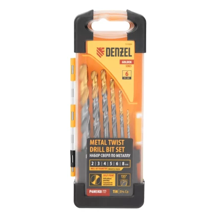 Набор сверл по металлу Denzel, 2-8мм, Р6М5К8-TiN, Golden Tip, 6 шт 723004 купить в Тюмени