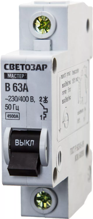 Выключатель СВЕТОЗАР автоматический, 1-полюсный, "B" (тип расцепления), 63 A, 230 / 400 В 49050-63-B купить в Тюмени