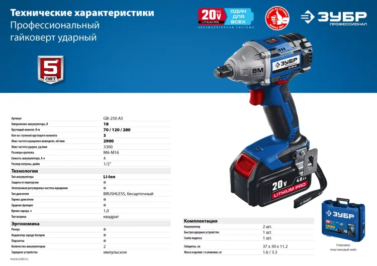 Ударный гайковерт аккумуляторный BL-motor 2 АКБ GB-250 A5 серия ПРОФЕССИОНАЛ купить в Тюмени