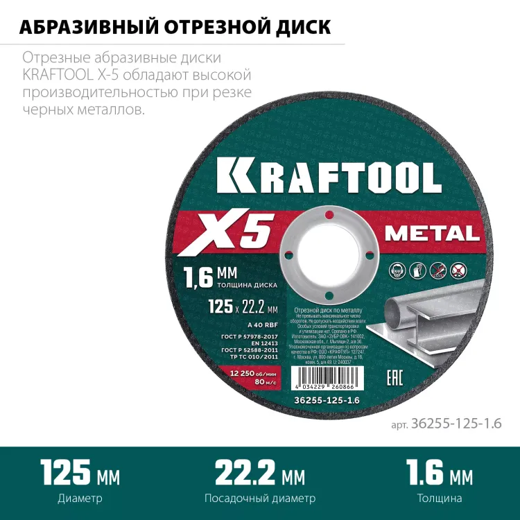 Круги отрезные абразивные, по металлу 36255-125-1.6 купить в Тюмени