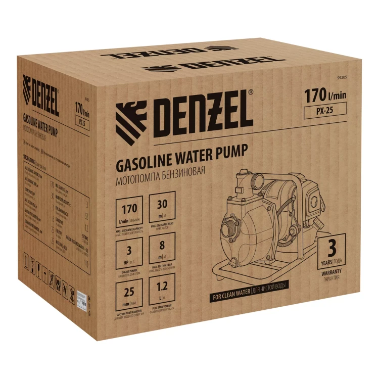 Мотопомпа бензиновая для чистой воды Denzel PX-25, 52 см3, 1", 170 л/мин, глуб 8 м, напор 30 м 99205 купить в Тюмени