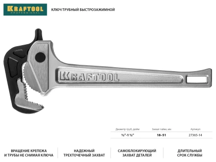 Ключ KRAFTOOL &quot;MASTERGRIP&quot; трубный быстрозажимной, кованые губки, 1/2&quot;-2&quot; 27365-14 купить в Тюмени