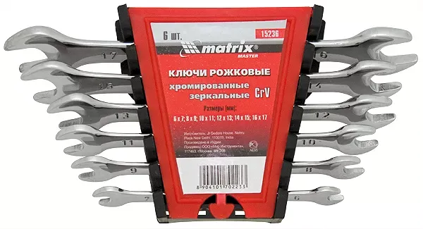 Набор ключей  рожковых 6шт. (6-17мм) CrV Elliptical зерк. хромирование MATRIX Master 15236 купить в Тюмени