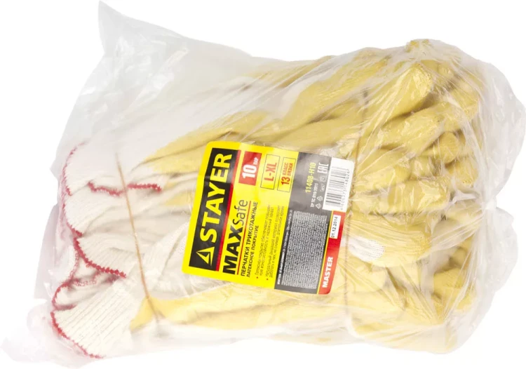 Перчатки STAYER "МASTER" MaxSafe трикотажные, обливная ладонь из латекса, х/б, 13 класс, L-XL, 10 пар 11408-H10 купить в Тюмени