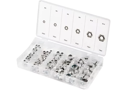 Набор гаек М4 М5 М6 М8 М10 М12 самоконтрящиеся с нейлоновой вставкой 146 предметов СИБРТЕХ 47613 купить в Тюмени