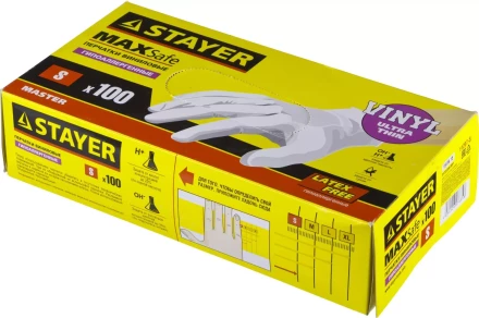 Перчатки STAYER &quot;MASTER&quot; виниловые экстратонкие, S, 100шт 11207-S купить в Тюмени