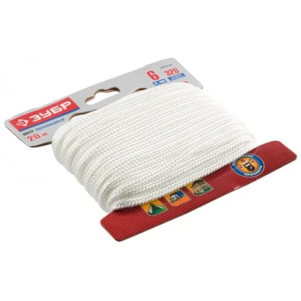 Шнур ЗУБР полиамидный, плетеный, повышенной нагрузки, без сердечника, белый, d 6, 20м 50320-06-020 купить в Тюмени