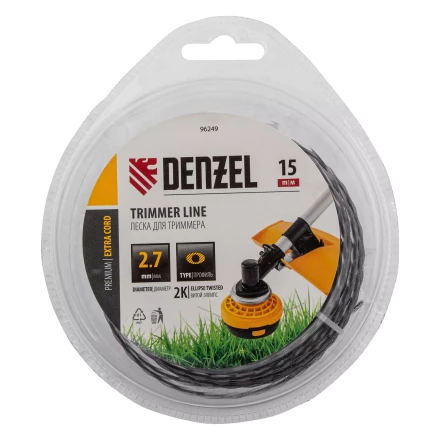 Леска для триммера двухкомпонентная эллипс, 2,7мм х 15м, блистер EXTRA CORD,  Denzel 96249 купить в Тюмени