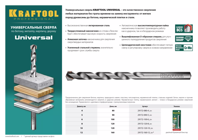 Сверло "UNIVERSAL" по бетону, металлу, дереву, KRAFTOOL PROFESSIONAL 29172-100-6, 6 х 100 мм 29172-100-6_z01 купить в Тюмени