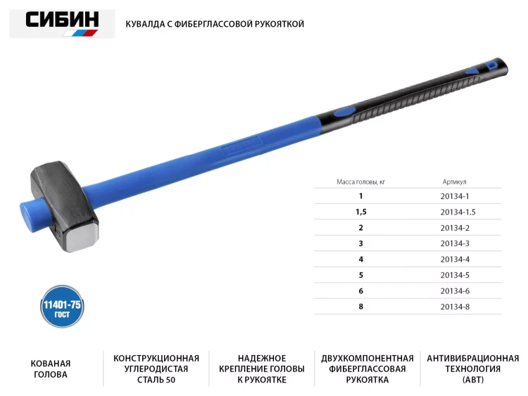 Кувалда с фиберглассовой рукояткой СИБИН, 2 кг 20134-2 купить в Тюмени
