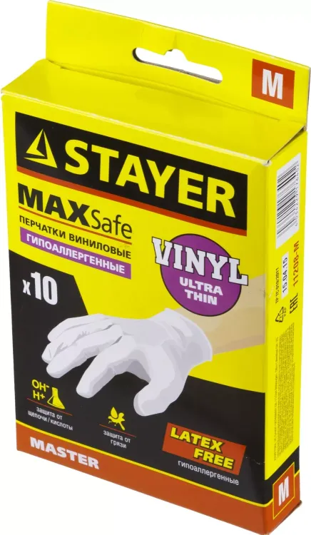 Перчатки STAYER "MASTER" виниловые экстратонкие, M, 10шт 11208-M купить в Тюмени