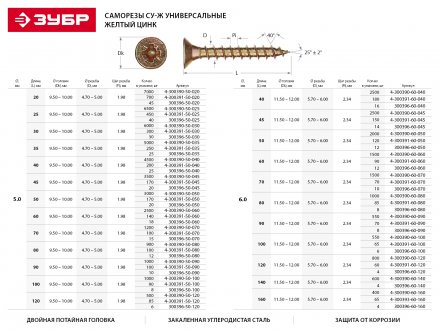 Шурупы ЗУБР по дереву желтопассивированные, 6.0x45мм, 20шт 4-300397-60-045 купить в Тюмени