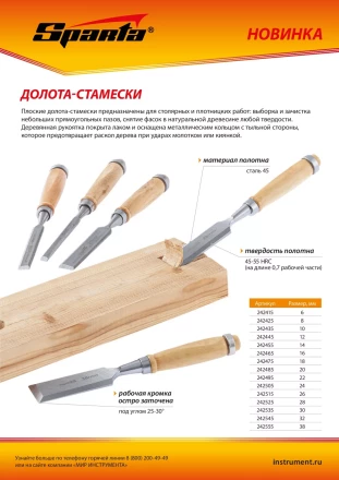 Долото-стамеска 10 мм, деревянная рукоятка Sparta 242435 купить в Тюмени