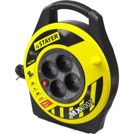 Удлинитель на катушке &quot;MX100T&quot;, 10 м, 4 гнезда, ПВС 2x0,75 кв мм, 1300 Вт, STAYER 55071-10 купить в Тюмени