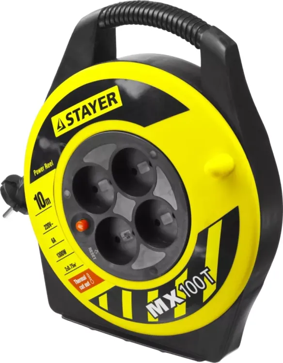 Удлинитель на катушке "MX100T", 10 м, 4 гнезда, ПВС 2x0,75 кв мм, 1300 Вт, STAYER 55071-10 купить в Тюмени