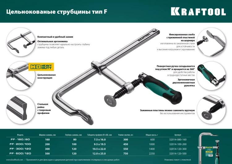 Струбцина KRAFTOOL FORGE тип F,цельнокованая 32014-080-160 купить в Тюмени