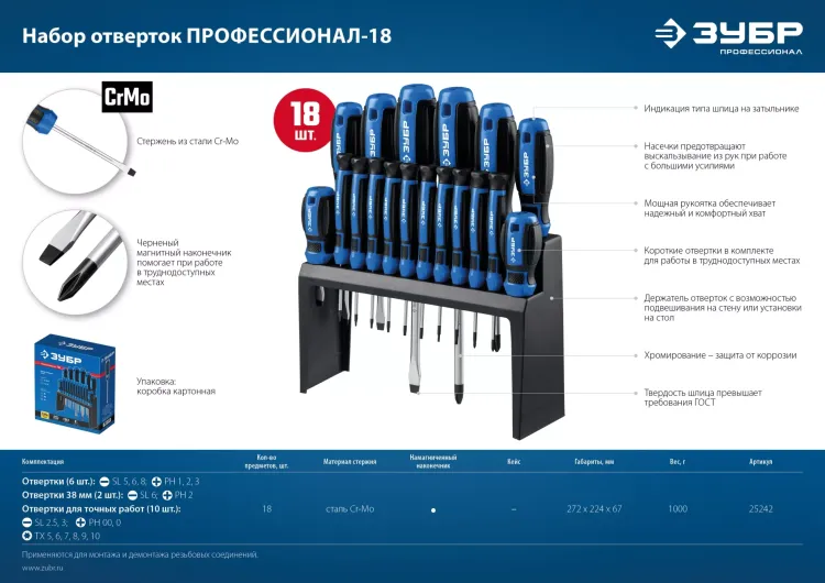 ЗУБР 18 предм., набор отверток, Профессионал (25242) купить в Тюмени