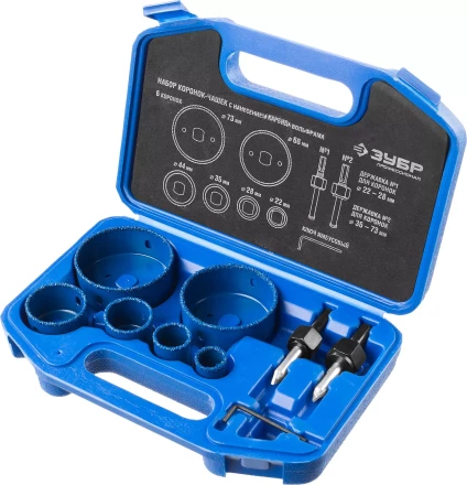 Набор коронок-чашек ЗУБР "ПРОФЕССИОНАЛ" c карбид-вольфрамовым нанесением, 6 коронок-чашек O 22, 28, 35, 44, 68, 73 мм, 2 державки со сверлами, ключ 33360-H6_z01 купить в Тюмени