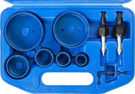 Набор коронок-чашек ЗУБР "ПРОФЕССИОНАЛ" c карбид-вольфрамовым нанесением, 6 коронок-чашек O 22, 28, 35, 44, 68, 73 мм, 2 державки со сверлами, ключ 33360-H6_z01 купить в Тюмени