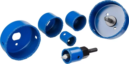 Набор коронок-чашек ЗУБР "ПРОФЕССИОНАЛ" c карбид-вольфрамовым нанесением, 6 коронок-чашек O 22, 28, 35, 44, 68, 73 мм, 2 державки со сверлами, ключ 33360-H6_z01 купить в Тюмени