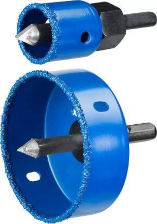 Набор коронок-чашек ЗУБР "ПРОФЕССИОНАЛ" c карбид-вольфрамовым нанесением, 6 коронок-чашек O 22, 28, 35, 44, 68, 73 мм, 2 державки со сверлами, ключ 33360-H6_z01 купить в Тюмени