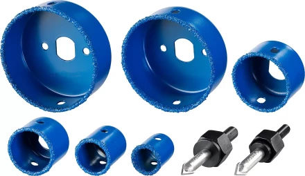 Набор коронок-чашек ЗУБР "ПРОФЕССИОНАЛ" c карбид-вольфрамовым нанесением, 6 коронок-чашек O 22, 28, 35, 44, 68, 73 мм, 2 державки со сверлами, ключ 33360-H6_z01 купить в Тюмени