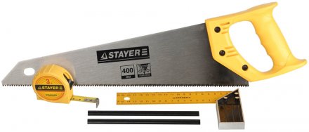 Набор STAYER &quot;STANDARD&quot; для столярных работ: ножовка по дереву 400 мм, угольник 200 мм, рулетка 3 м, 2 карандаша, 5 пред 15084-H5 купить в Тюмени